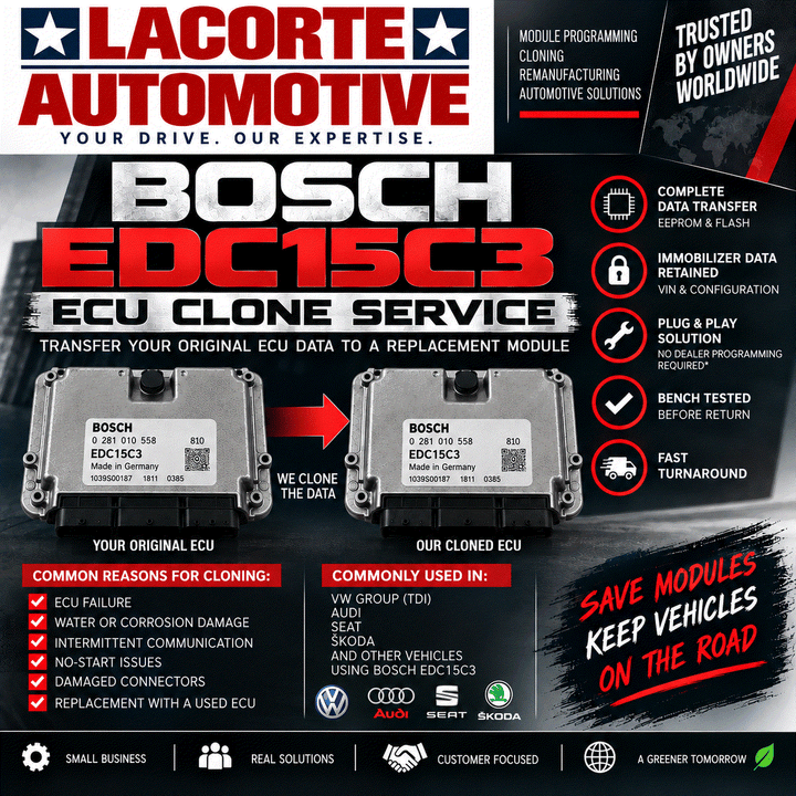 Bosch EDC15C3 ECU cloning service with mail-in plug and play programming for vehicle ECU replacement