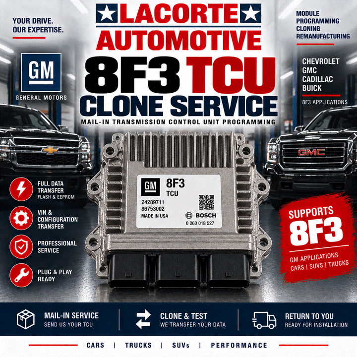 GM 8F3 TCU Clone Service mail-in transmission control unit programming with data transfer and clone verification