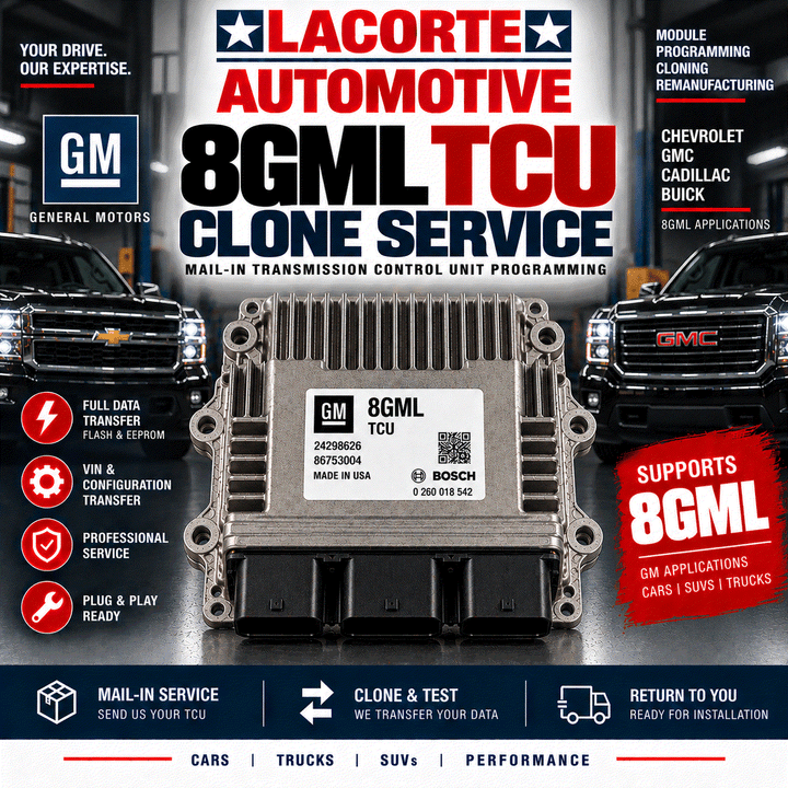 8GML TCU Clone Service mail-in transmission control unit programming by LaCorte Automotive with data transfer and cloning