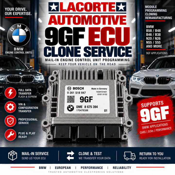 9GF ECU Clone Service mail-in engine control module programming by LaCorte Automotive with data transfer and cloning verification