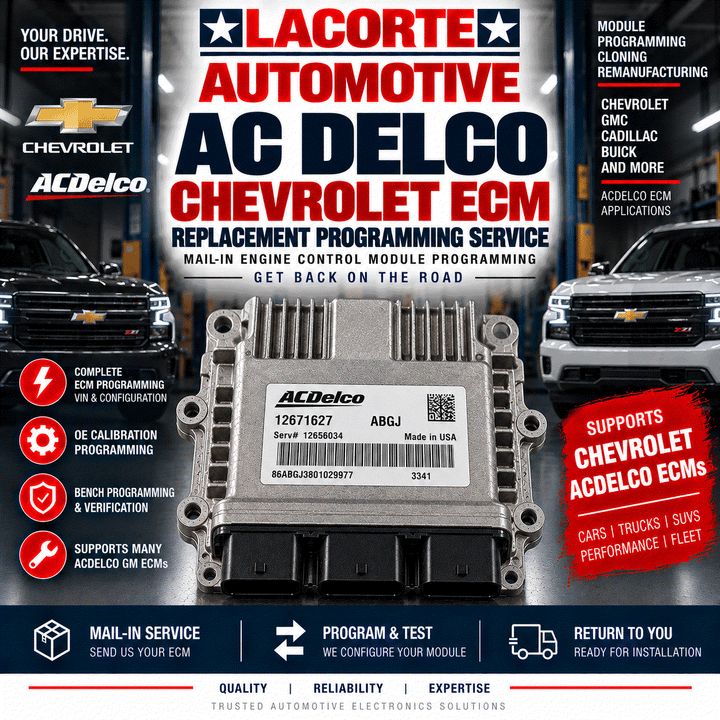ACDelco Chevrolet ECM replacement programming service with mail-in ECU for vehicle configuration and calibration