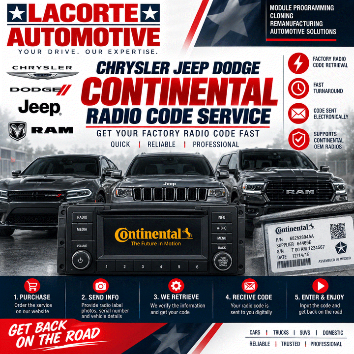Chrysler Jeep Dodge Continental factory radio code retrieval service for locked radios after battery or electrical work