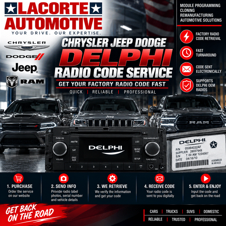 Chrysler Jeep Dodge Delphi factory radio code retrieval service by LaCorte Automotive