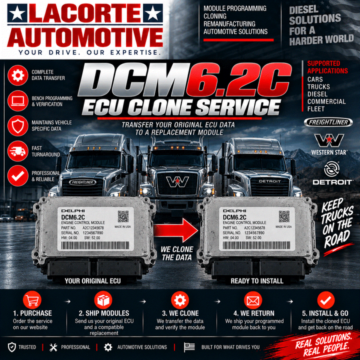 DCM6.2C ECU clone service mail-in programming with original and replacement engine control modules for data transfer and vehicle-specific configuration