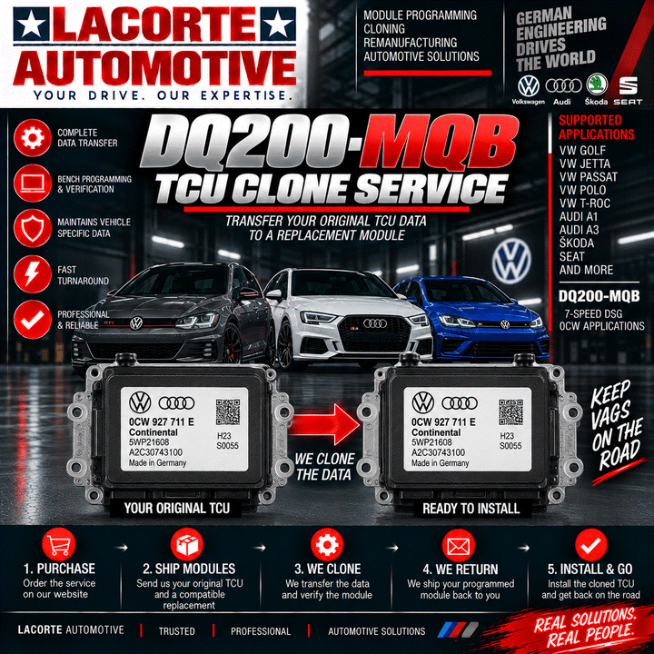 Volkswagen DQ200-MQB TCU cloning and programming service for DSG transmission control modules by LaCorte Automotive