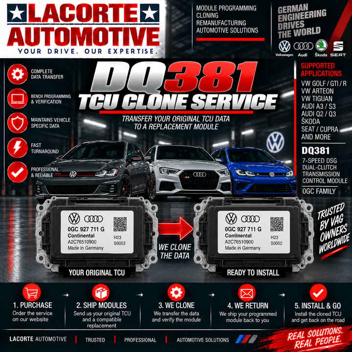 Volkswagen Audi DQ381 TCU clone service for DSG transmission control module programming and data transfer.