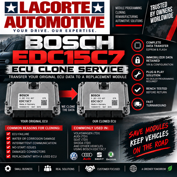 Bosch EDC15C7 ECU clone service showing automotive ECU modules for mail-in programming and data transfer
