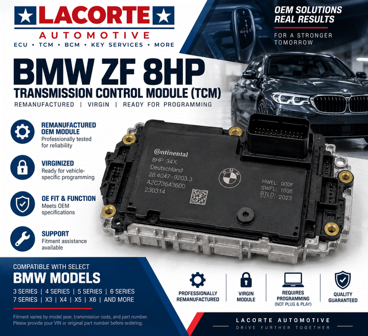 Remanufactured BMW ZF 8HP transmission control module ready for vehicle-specific programming by LaCorte Automotive