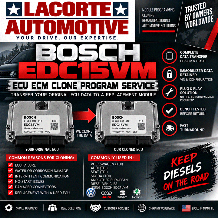 Bosch EDC15VM ECU mail-in cloning and programming service with original data transfer and vehicle-specific calibration preservation