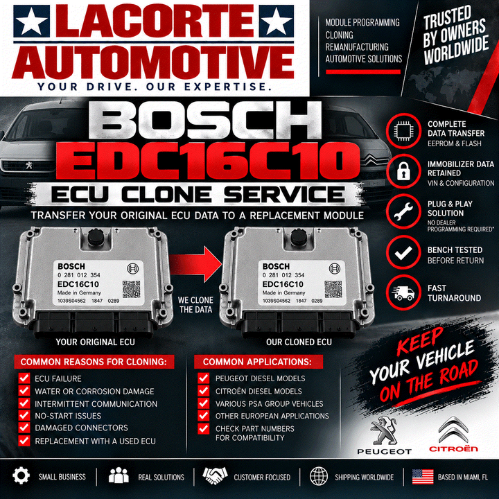 Bosch EDC16C10 ECU cloning service mail-in example showing original and replacement ECUs for professional engine control module programming