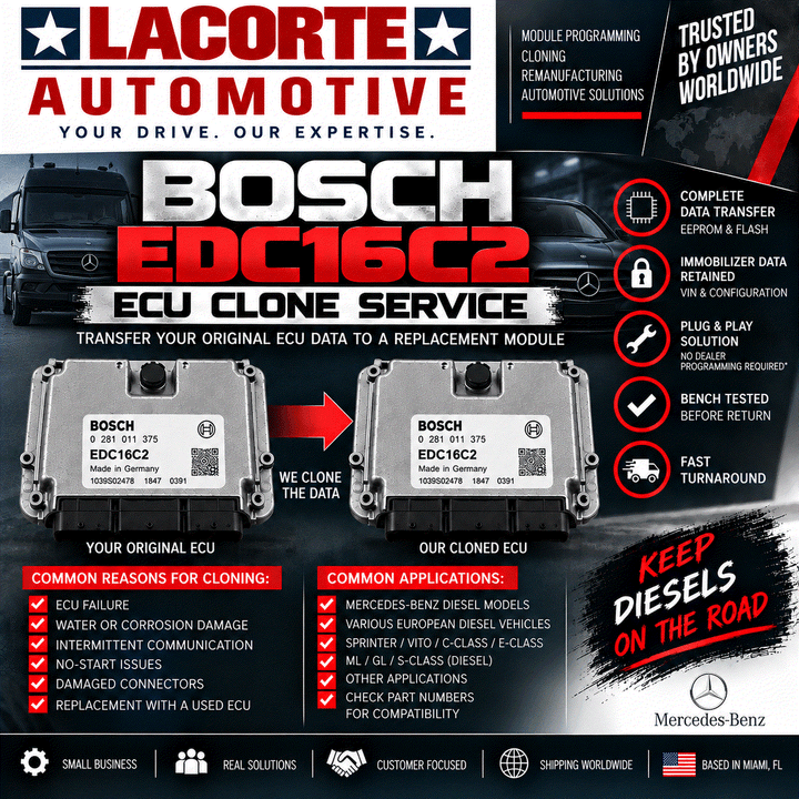 Bosch EDC16C2 ECU cloning service mail-in programming with vehicle-specific data transfer and plug-and-play installation