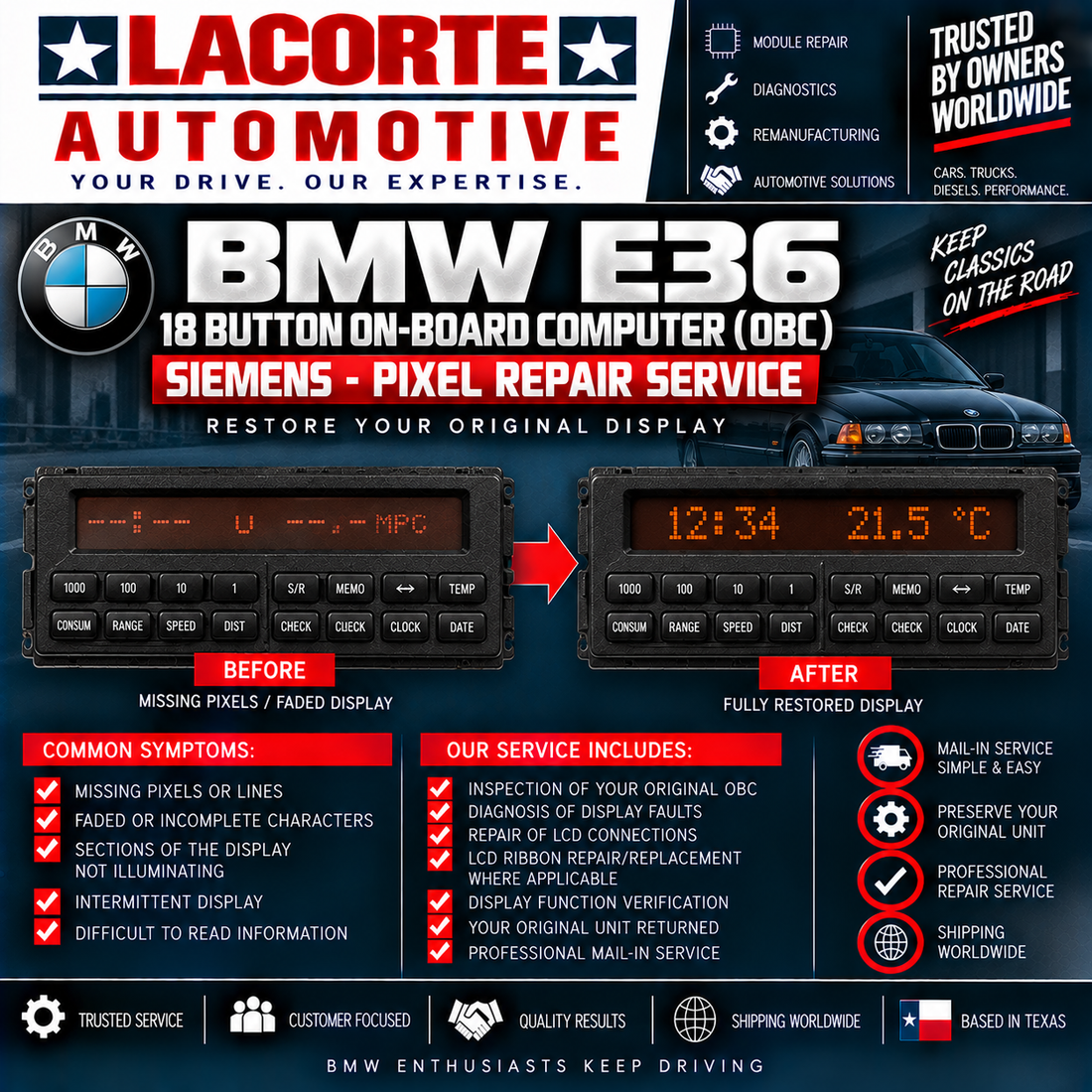 BMW E36 18-Button OBC Pixel Repair Service | Siemens On-Board Computer Display Restoration
