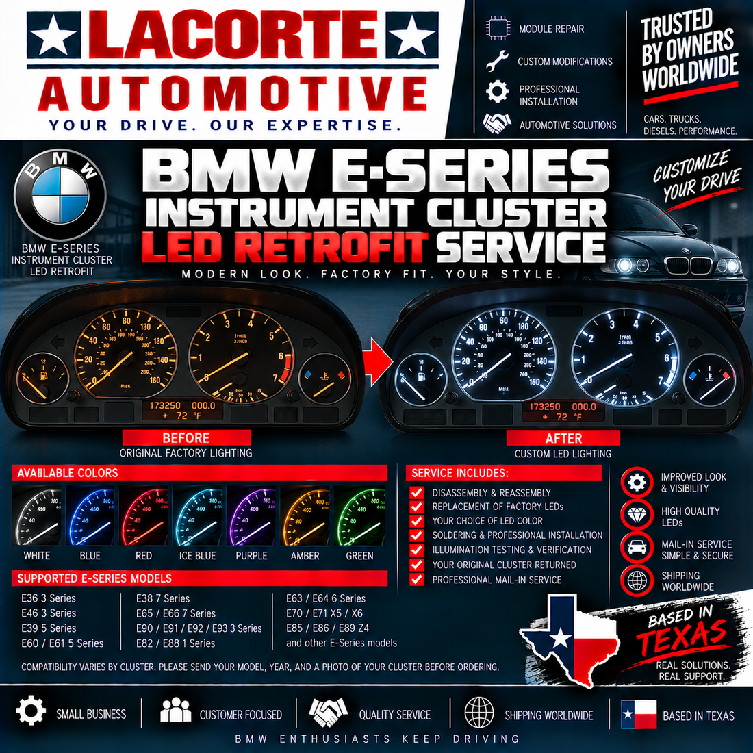 BMW E-Series Instrument Cluster LED Retrofit Service | Custom Gauge Lighting