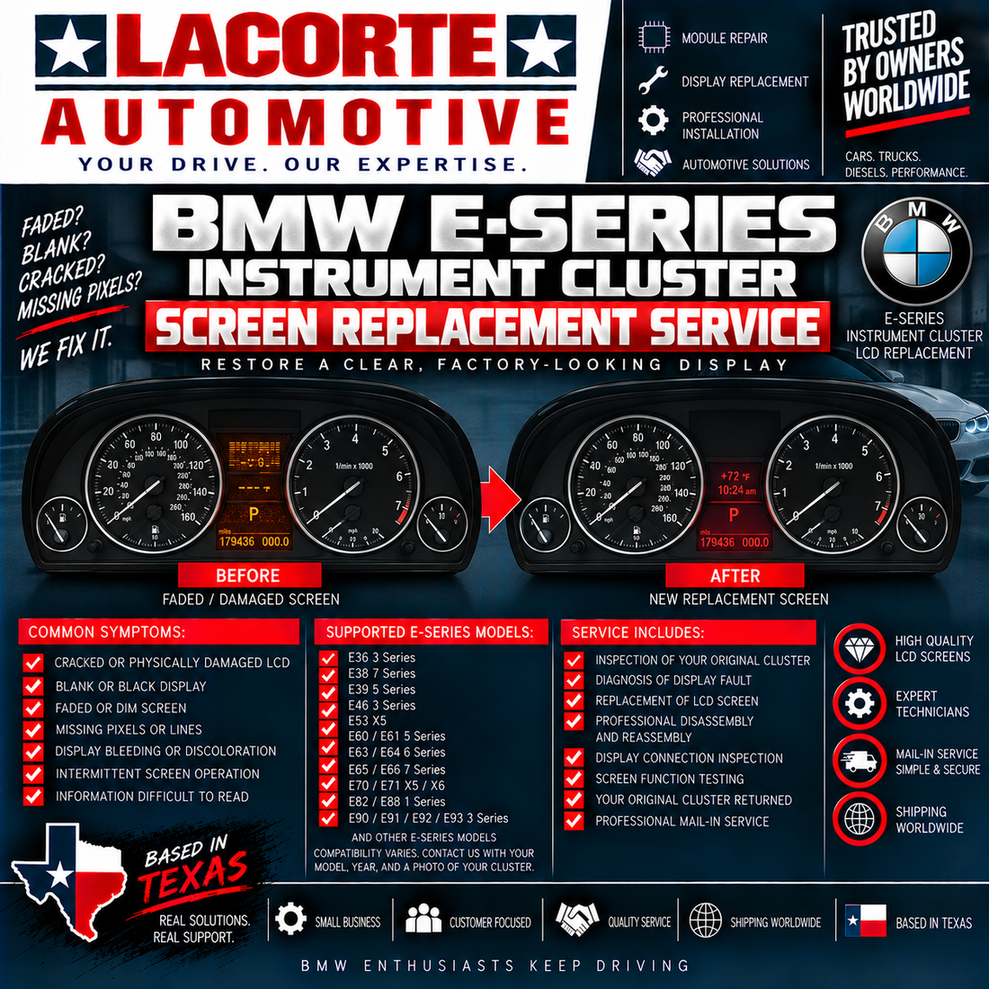 BMW E-Series Instrument Cluster Screen Replacement Service | Mail-In LCD Repair