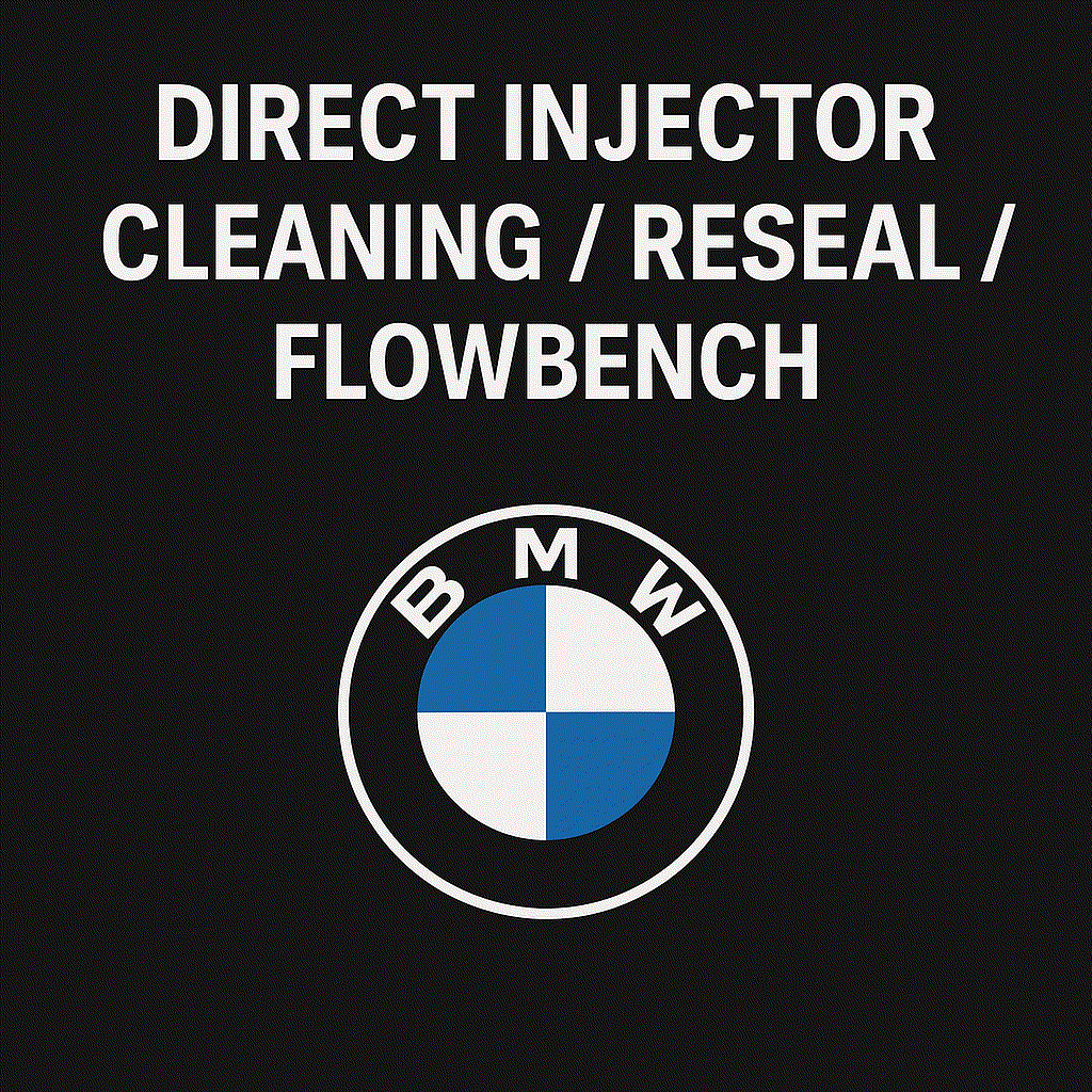 Close-up of BMW direct fuel injector undergoing professional testing and cleaning service