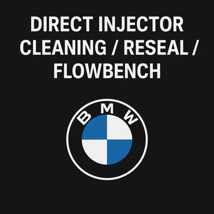 Close-up of BMW direct fuel injector undergoing professional testing and cleaning service