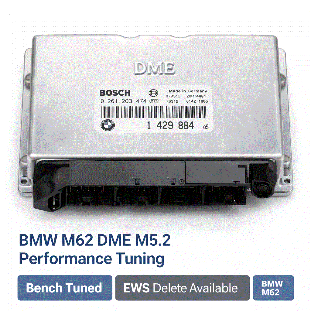 BMW M62 Bosch DME ECU on bench with tuning and EWS service tools for 1996-1998 BMW models