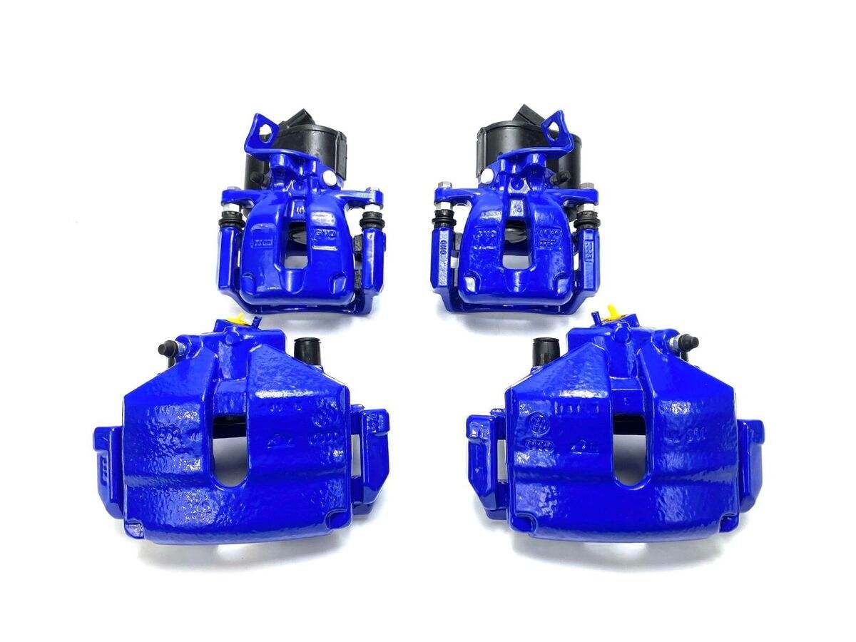 Close-up of a brake caliper with custom powder coating finish for vehicle enhancement